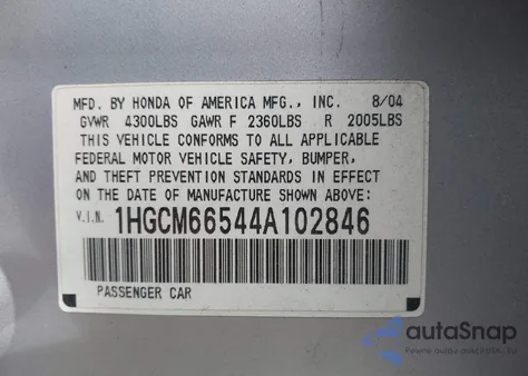2004 Honda Accord 3.0 Ex from USA, damaged, VIN 1HGCM66544A102846